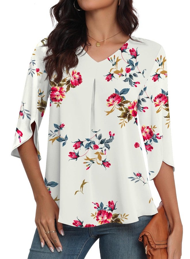 LAOLASI Womens Summer Clothes Elegant 3/4 Sleeve V Neck Chiffon Blouses for Women Casual Flowy Tops Shirts,Floral White,XXL - Image 4